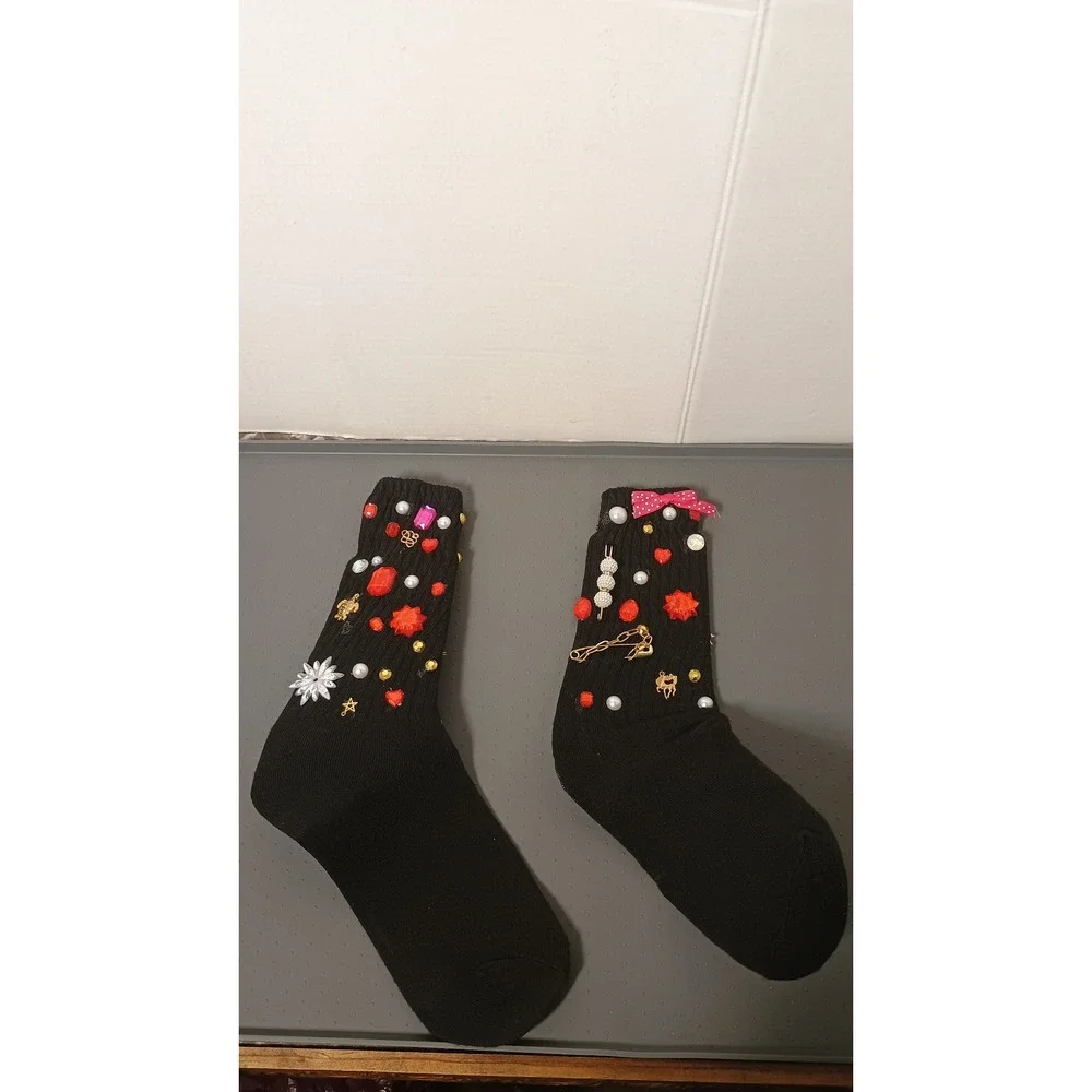 Embellished Crew Socks Womens OS Black Good DIY Kitsch Maximalist